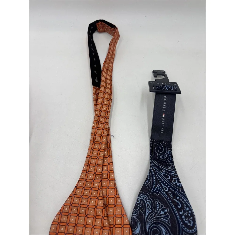 Tommy Hilfiger Lot of 2 Adjustable Bow Tie 100% Silk Blue Paid Orange Diamonds